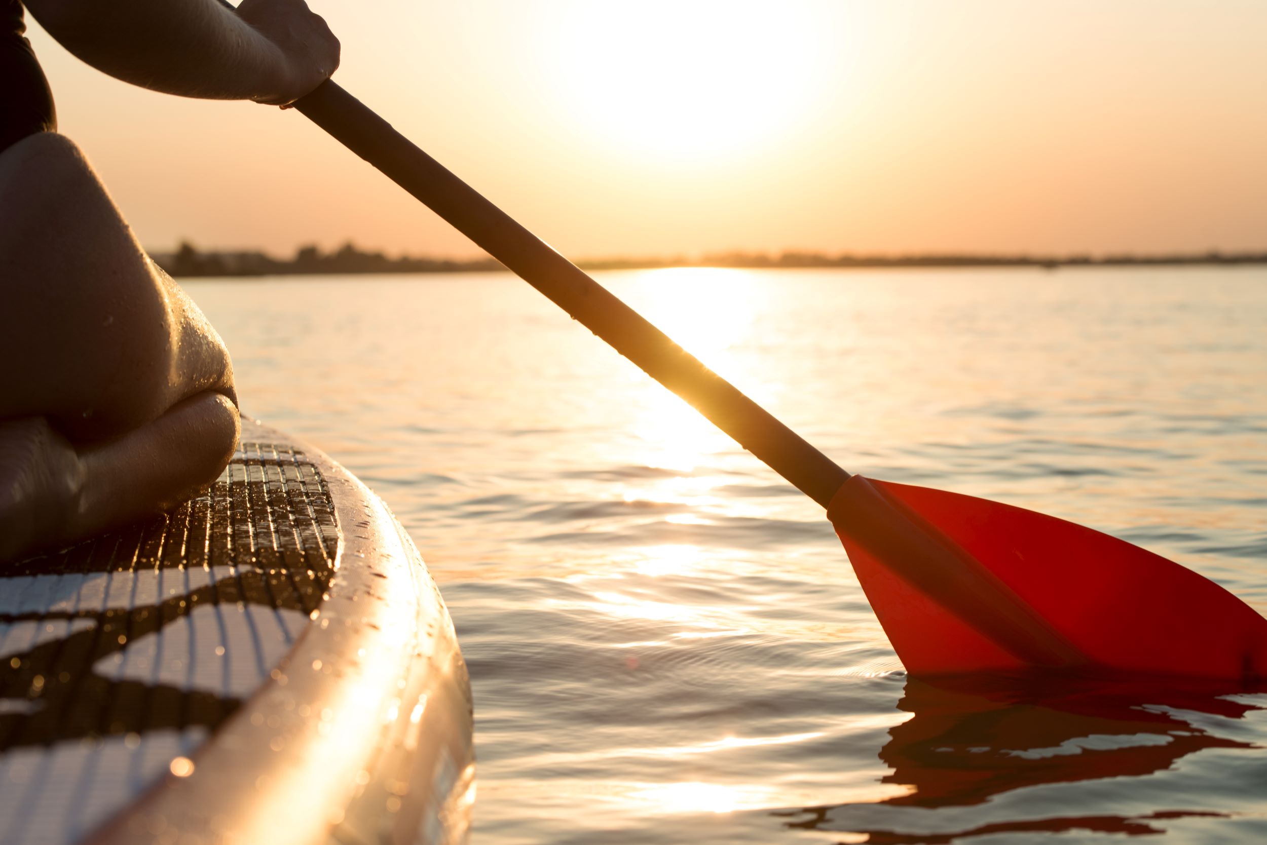 A woman paddle boarding at sunset.