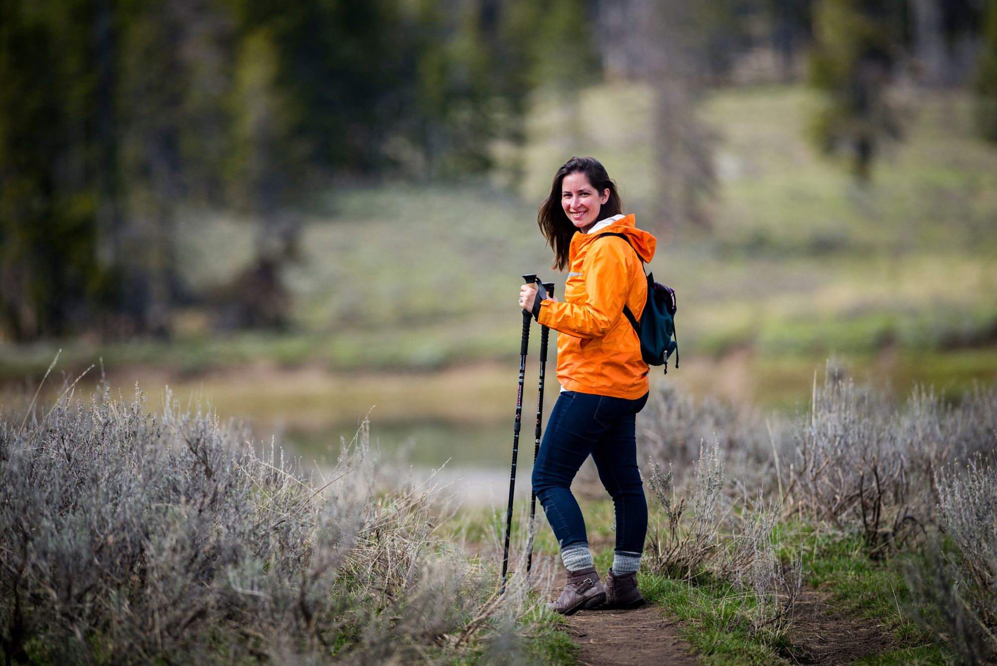 A woman hiking.